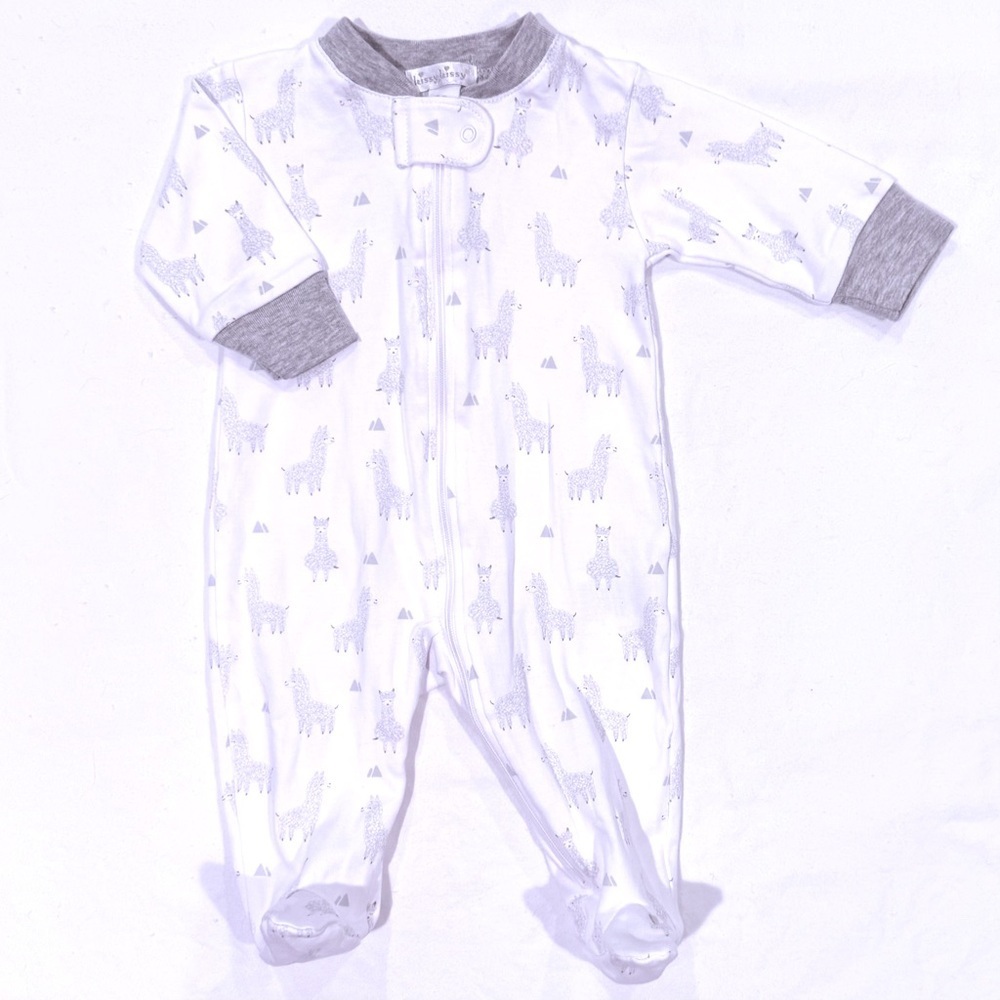 Kissy Kissy Llama Love Zip Footie Boys 0-3M Girls Pima Cotton Sleeper White Grey